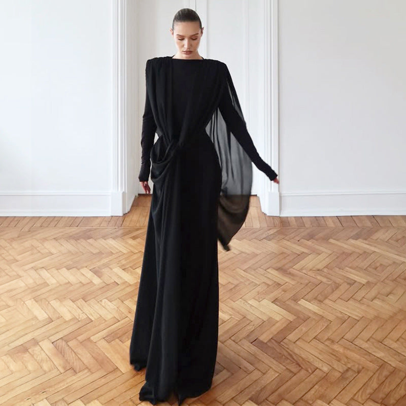 Autumn Winter Sexy Slim Fit Irregular Asymmetric Mesh Maxi Dress Solid Color Dress for Women DestGlow