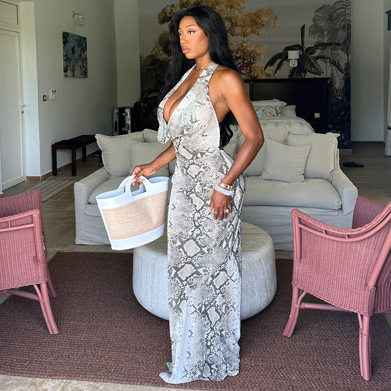 Gray White Printing Women Halter Swing Collar Hip Waist Controlled Low Cut Long Dress DestGlow