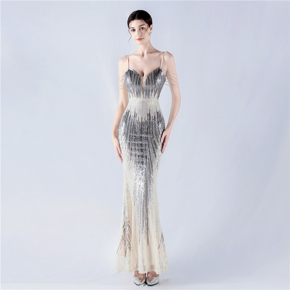 Dress Positioning Floral Sequin Craft Beaded Strap Evening Dress by Ragazza