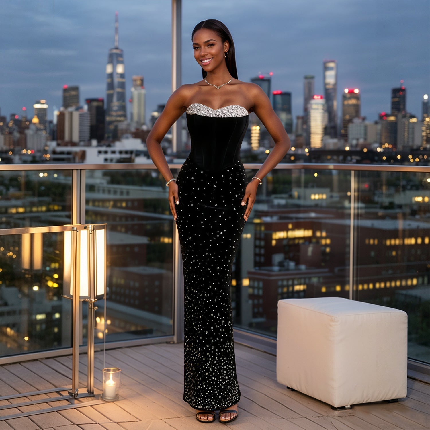 Women Sexy Tube Top Rhinestone Advanced Light Luxury Ladies Party Dress DestGlow