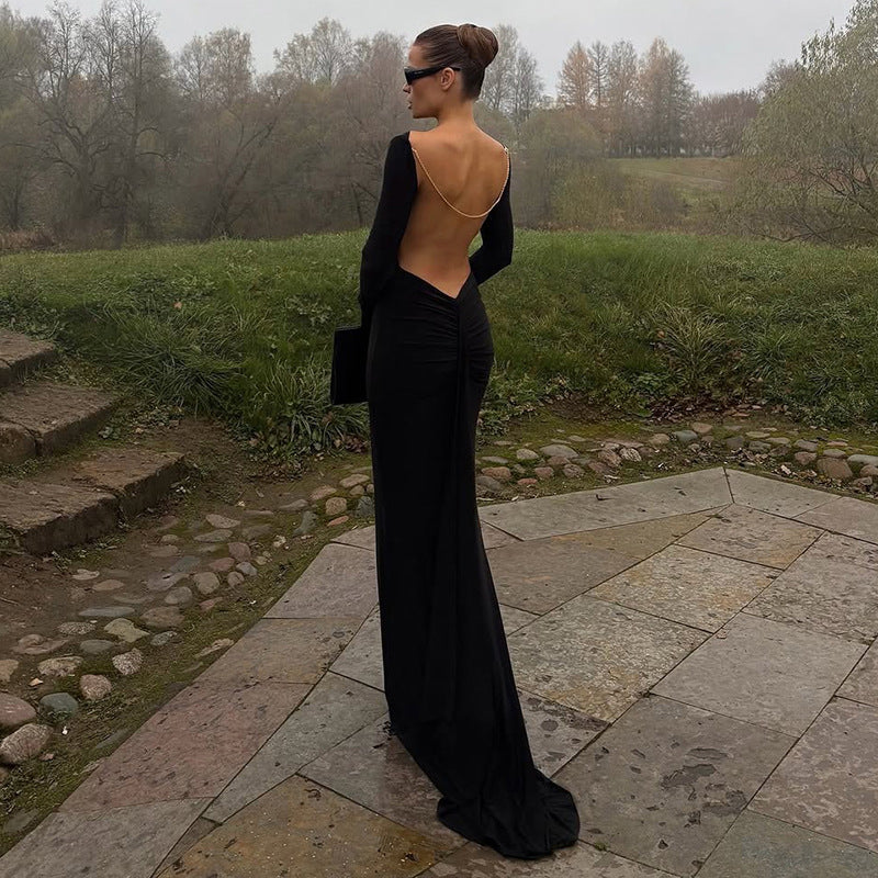 Autumn Winter Women Sexy Backless Chain Decoration Slim Fit Long Sleeved Dress DestGlow