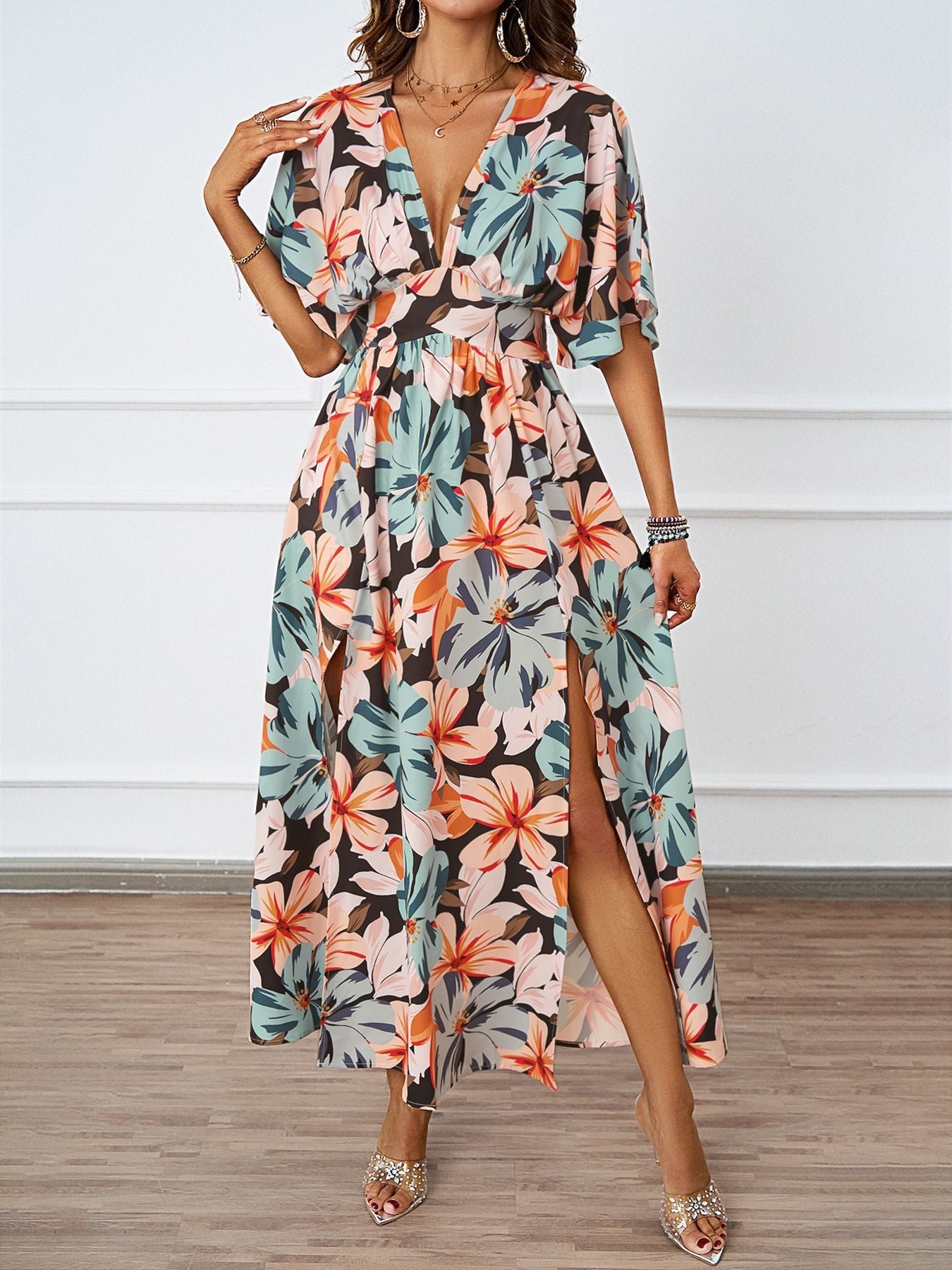 Summer Floral Print Maxi Dress Elastic Band Waist Tight Big V neck Short Sleeve Dress for Women by Ragazza