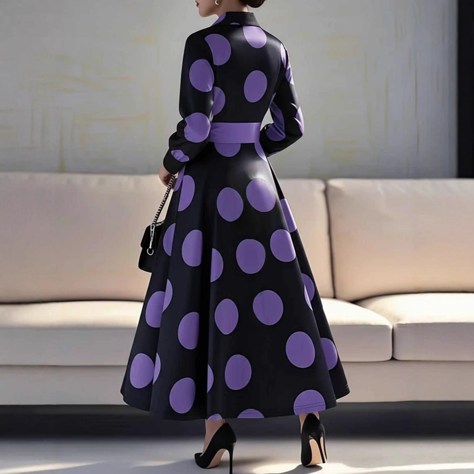 Women Clothing V neck Elegant Printed Waist Dignified Dress by Ragazza