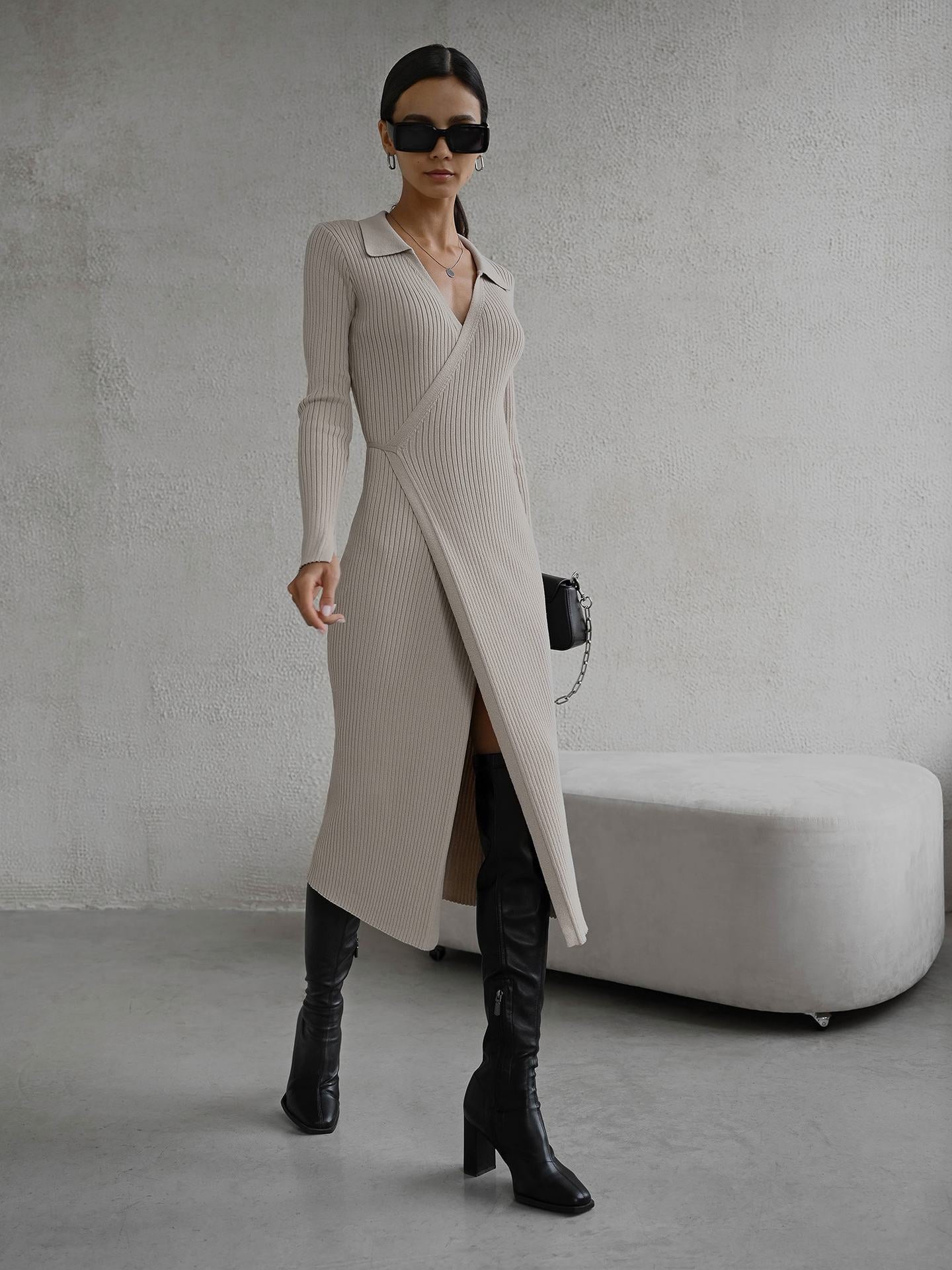 Split Strap Thread Knitted Dress Mid Length Autumn Winter Polo Collar Long Sleeve Sexy Tight Dress by Ragazza