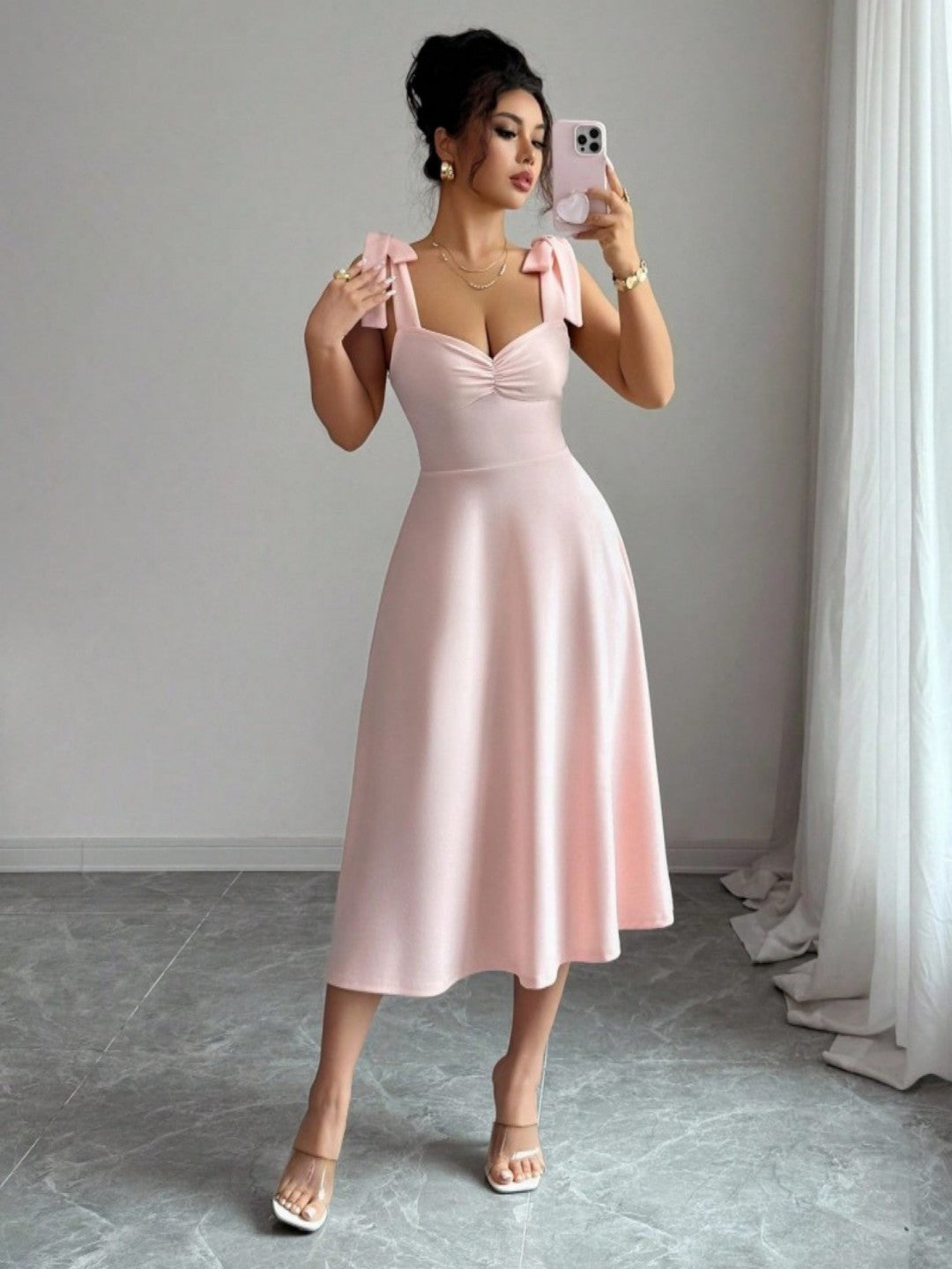 Spring Summer Solid Color Tied Dress Waist Slimming Elegant Graceful Maxi Dress by Ragazza