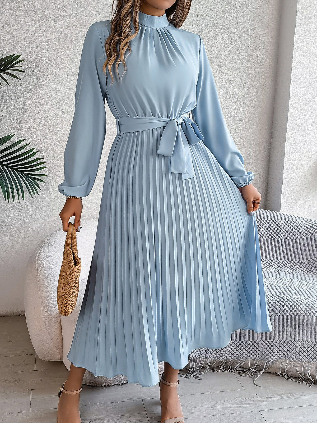 Autumn Winter Elegant Stand Collar Long Sleeve Cinched Pleated Maxi Dress Small Dress Women Clothing DestGlow