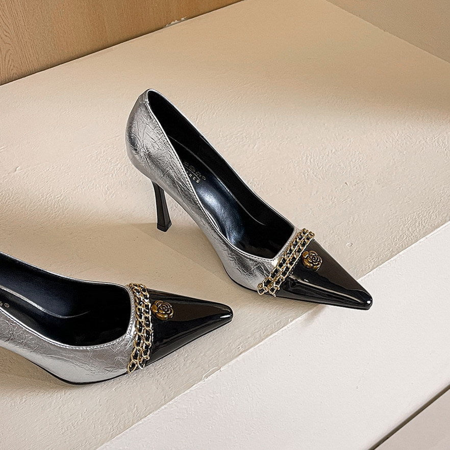 Design Color Matching Metal Chain Super High Heels Stiletto Pointed Toe Camellia Chanel Shoes DestGlow