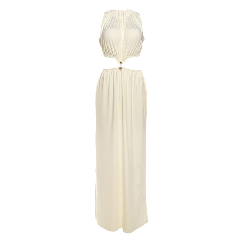 Fall Women Clothing Sexy Waist Hollow Out Cutout out Maxi Dress round Neck Sleeveless Solid Color Dress DestGlow