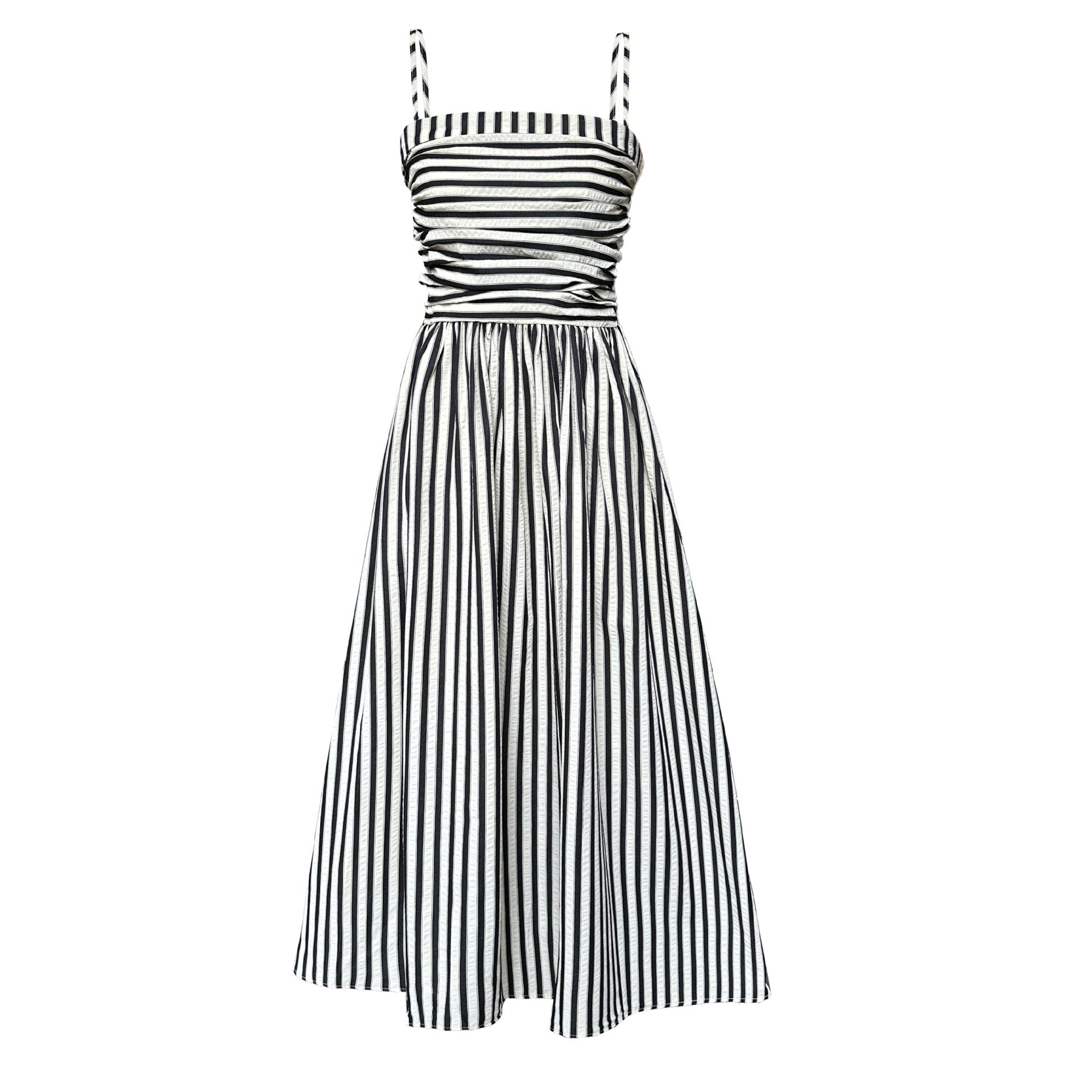 French Striped Bandeau Sling Dress Women High Grade off the Shoulder Pleated Waist Tight A line Long Summer by Ragazza