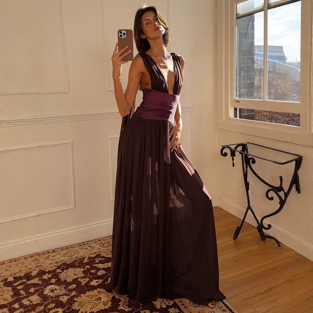 Wine Red Dress Women Summer Sleeveless Deep V Plunge Fitted High Waist Drape Chiffon Dinner Dress DestGlow