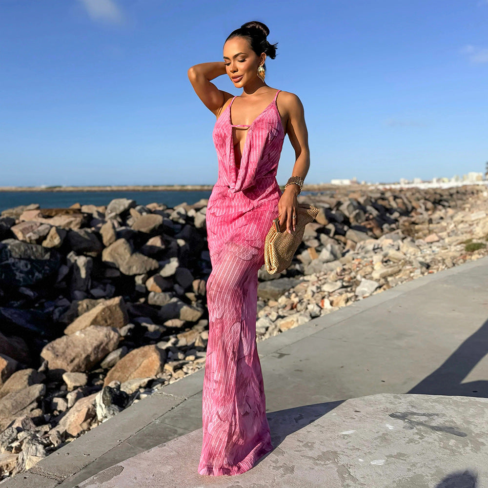 Sexy Deep V Plunge Strap Printed Slim Fit Maxi Dress Dress by Ragazza
