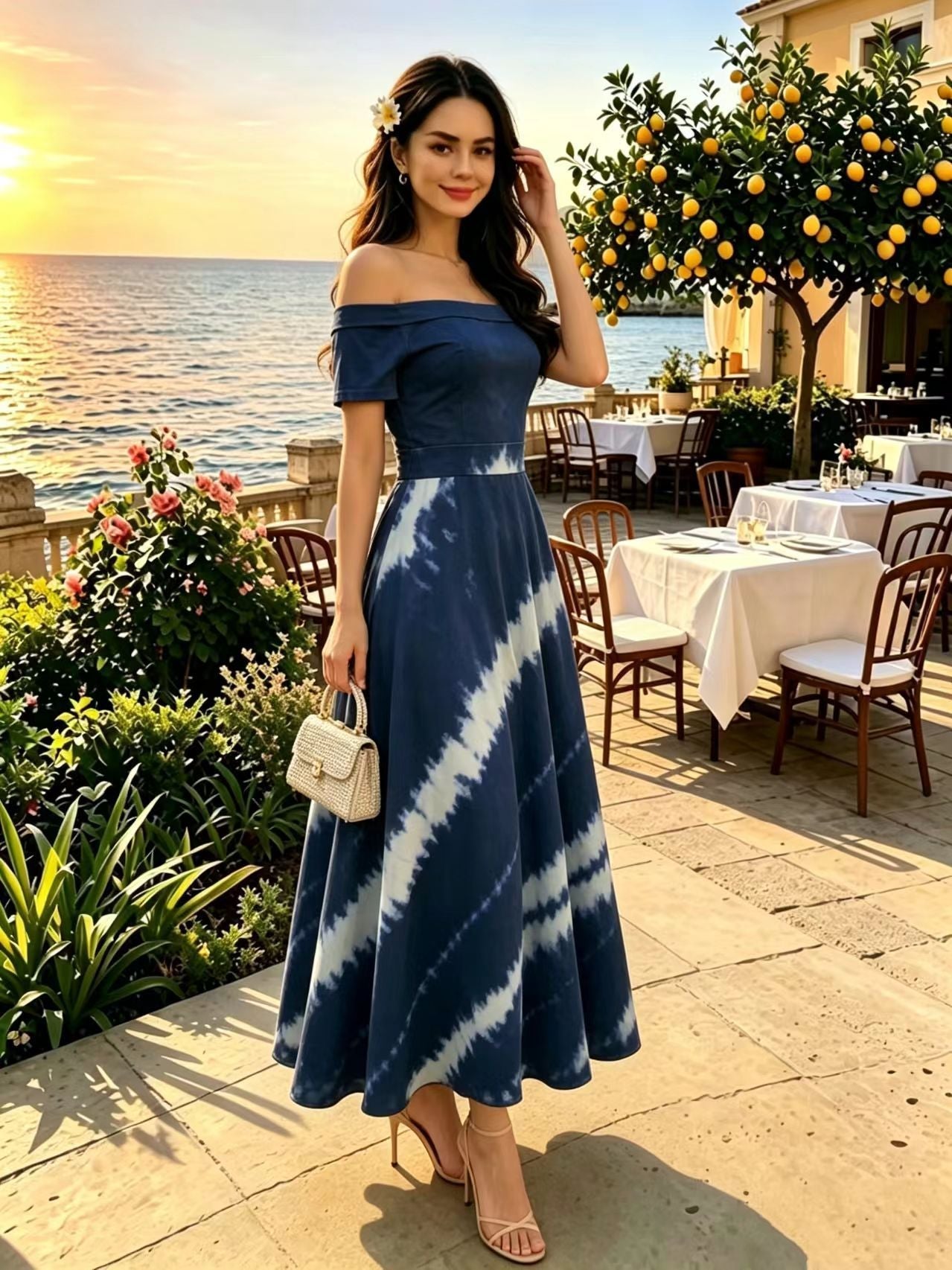 Printed Spring Summer off Shoulder Elegant Short Sleeve Slim Women Dress DestGlow
