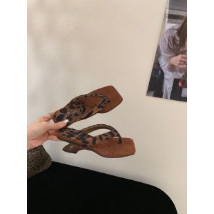 Leopard Print Wedge Toe Square Toe Slippers Women Niche Profiled Heel with Sandals DestGlow
