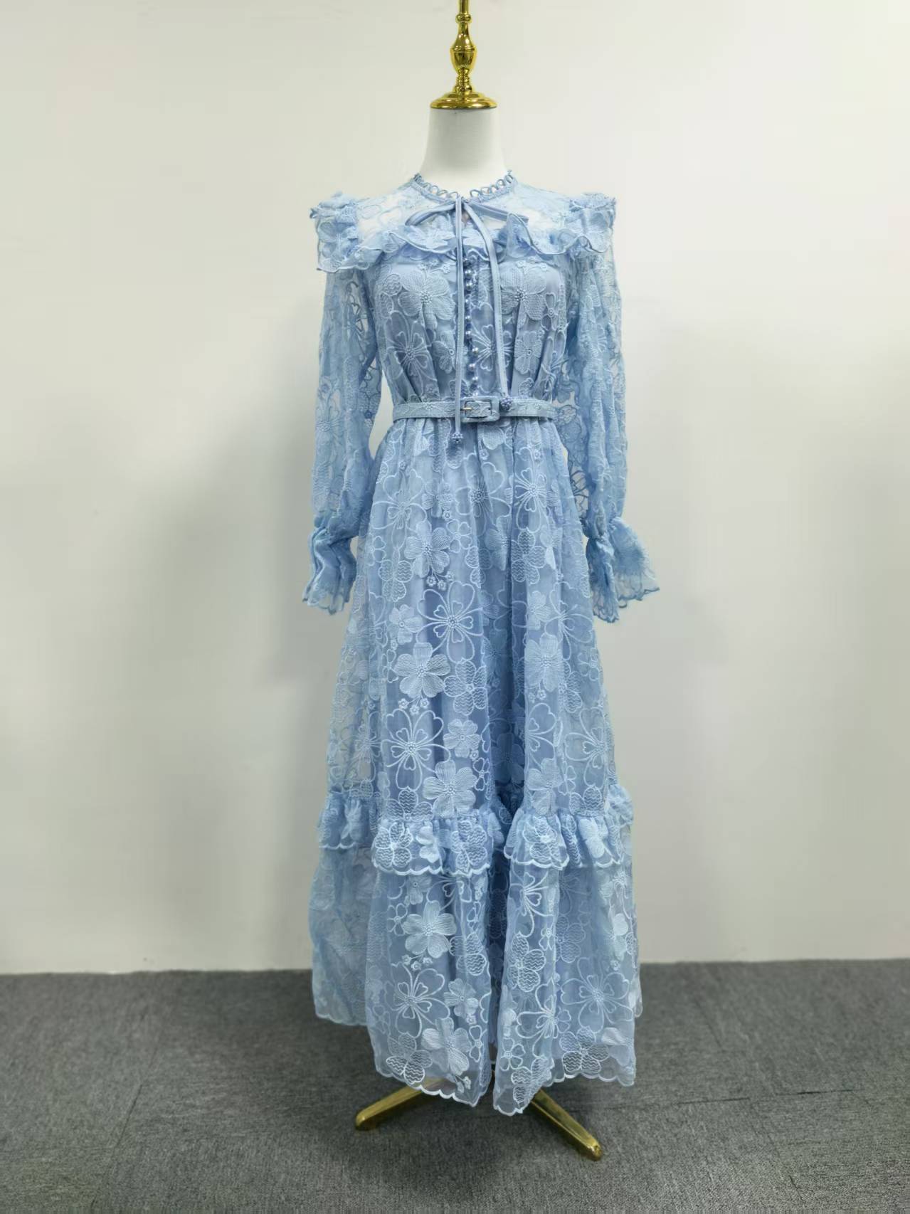 Summer Elegant Retro Lace Belt Lantern Sleeve Slim Slimming High Waist Dress Women by Ragazza