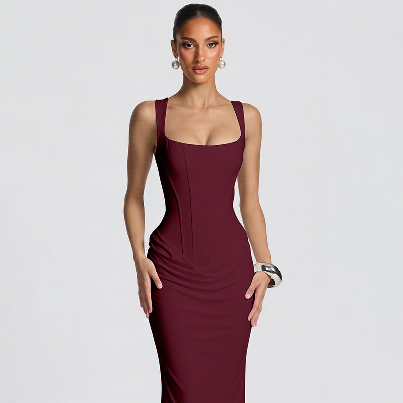 Sexy Boning Corset Slim Fit U Neck Long Pleating Pullover Dress Cocktail Party Evening Dress by Ragazza