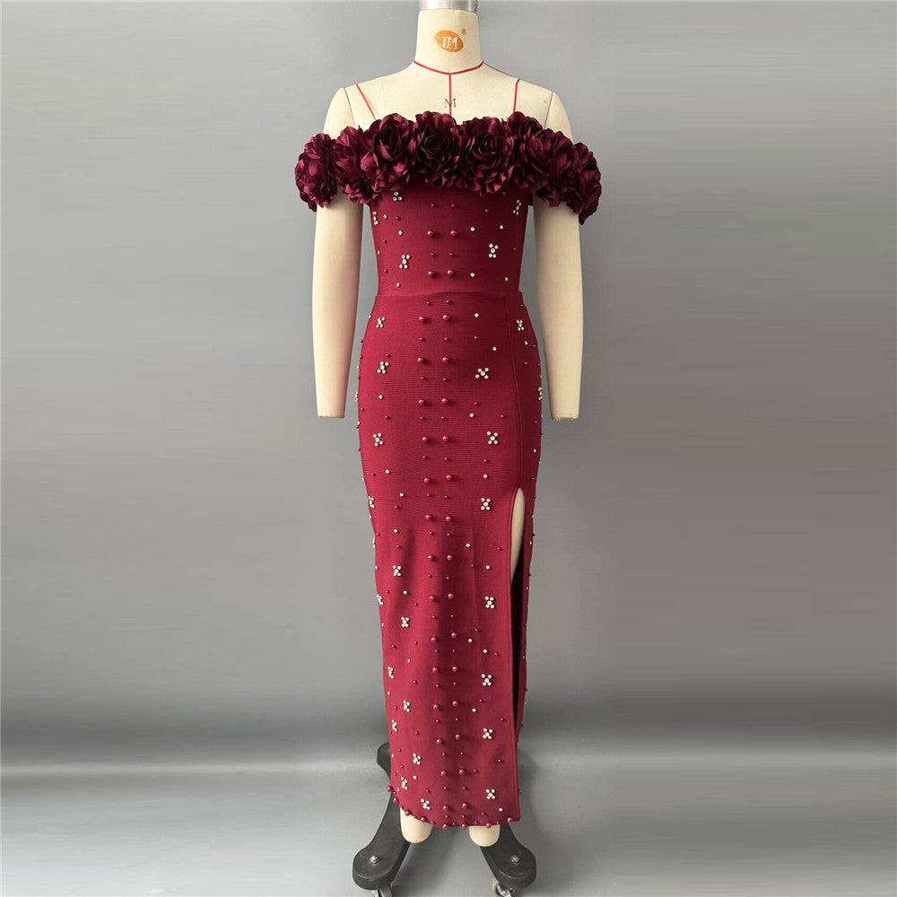 Sexy off Shoulder Beads Rhinestones Bandage One Piece Dress Applique Party Gathering Evening Dress by Ragazza