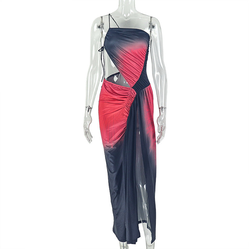 Women Wear Multicolor Printing Split Cropped Hip Dress Pleated Diagonal Collar Sleeveless Dress by Ragazza