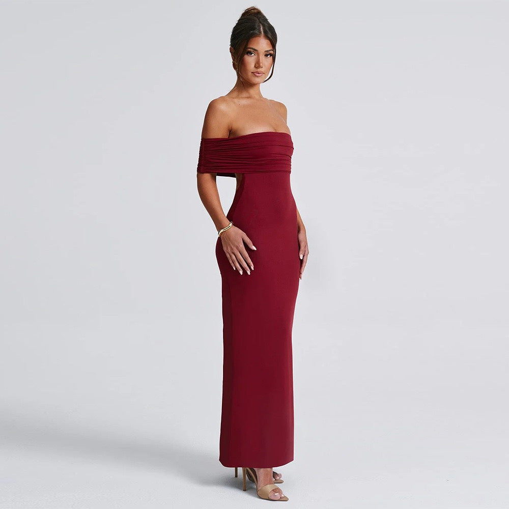 Women Clothing Summer Sexy off Shoulder Backless Bag Hip Pleated Solid Color Dress by Ragazza