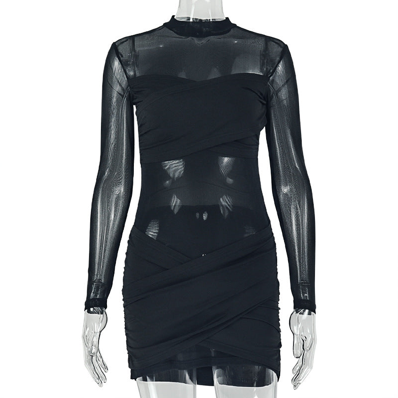 Sexy See through Women Solid Color Chest Wrapped Pleated Hip Dress Mesh Turtleneck Long Sleeve Dress DestGlow