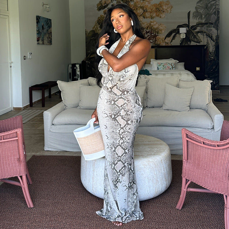 Gray White Printing Women Halter Swing Collar Hip Waist Controlled Low Cut Long Dress DestGlow