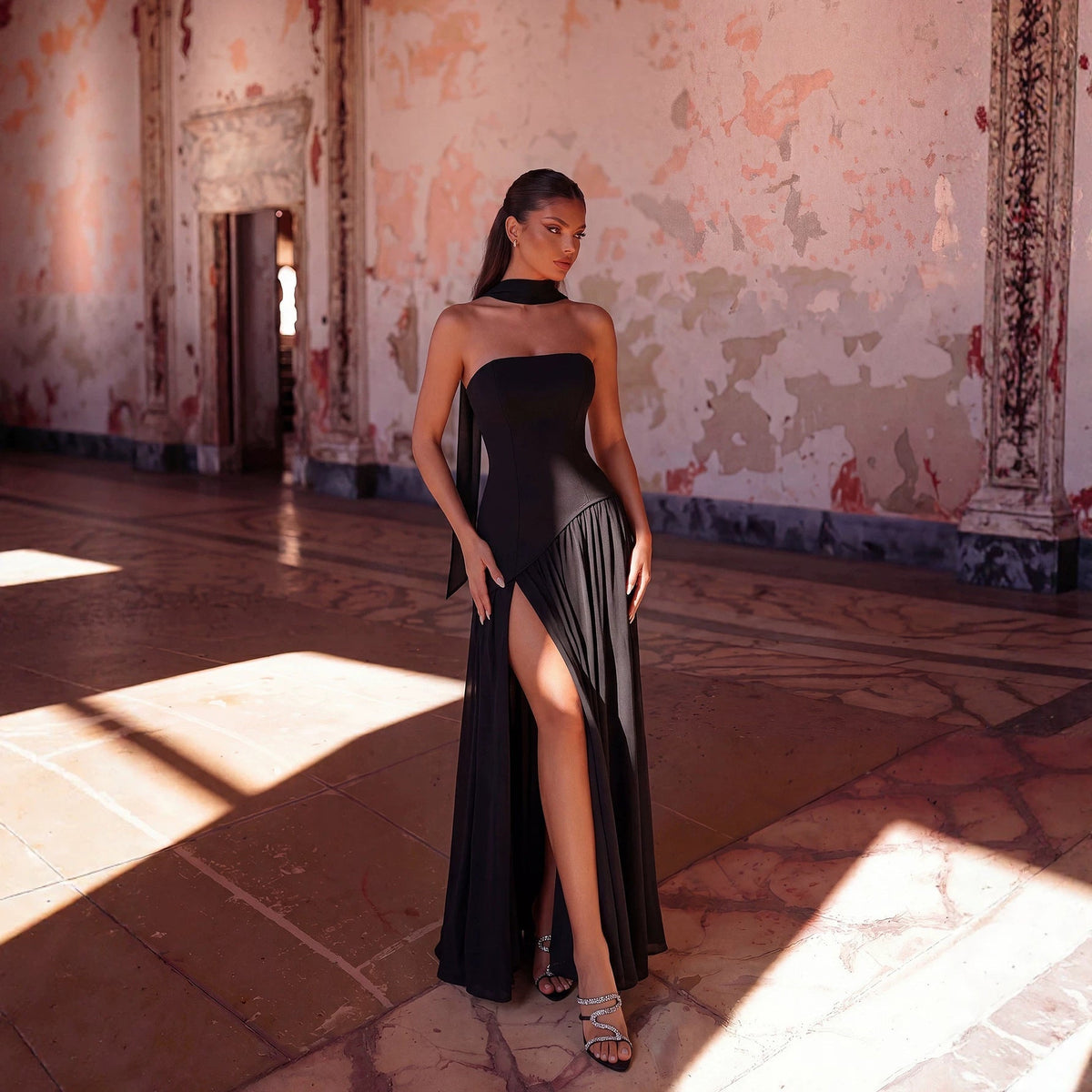Sexy Halter Ribbon Tube Top Evening Dress Solid Color Draping Chiffon High Slit Mopping Cocktail Dress DestGlow