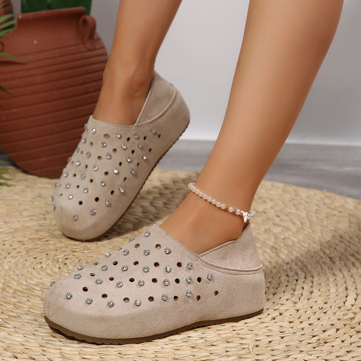 Rhinestone Hollow Out Cutout Boken Toe Cap Low Top Shoes Women Summer Casual Thick Bottom Lazy Semi Slippers DestGlow