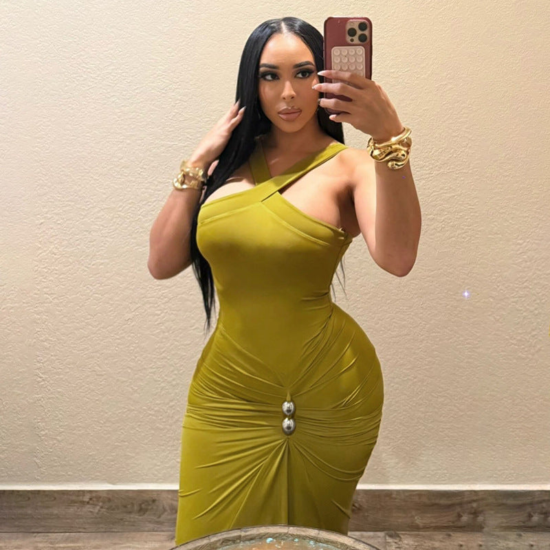 Autumn Winter Women Clothing Cross Halter Solid Color Pleated Waist Tight Slimming Fishtail Dress by Ragazza
