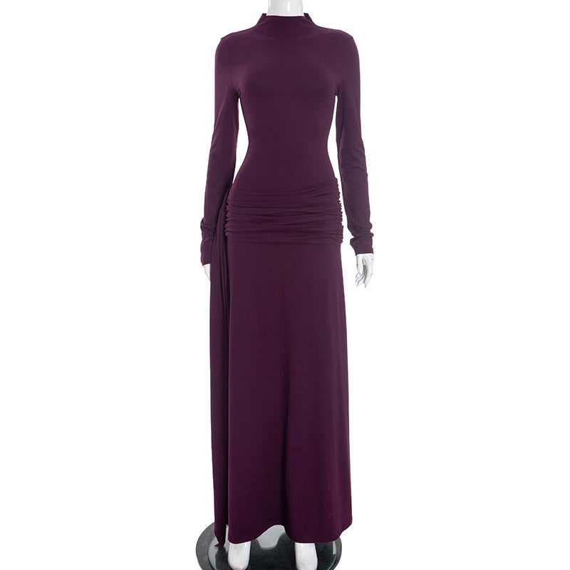 Women Clothing Winter Solid Color High Collar Long Sleeve Pinch Pleated Ribbon Elegant Maxi Dress by Ragazza