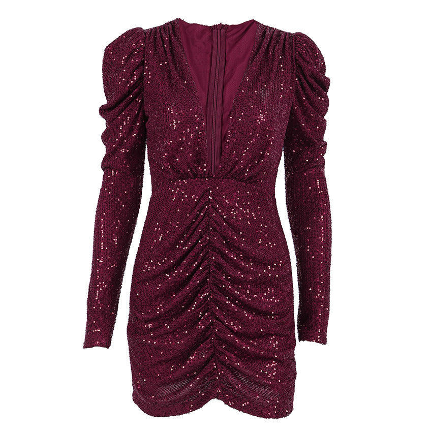 Spring V neck Sexy Sequined Elegant Slim Fit Long Sleeve Hip Dress by Ragazza