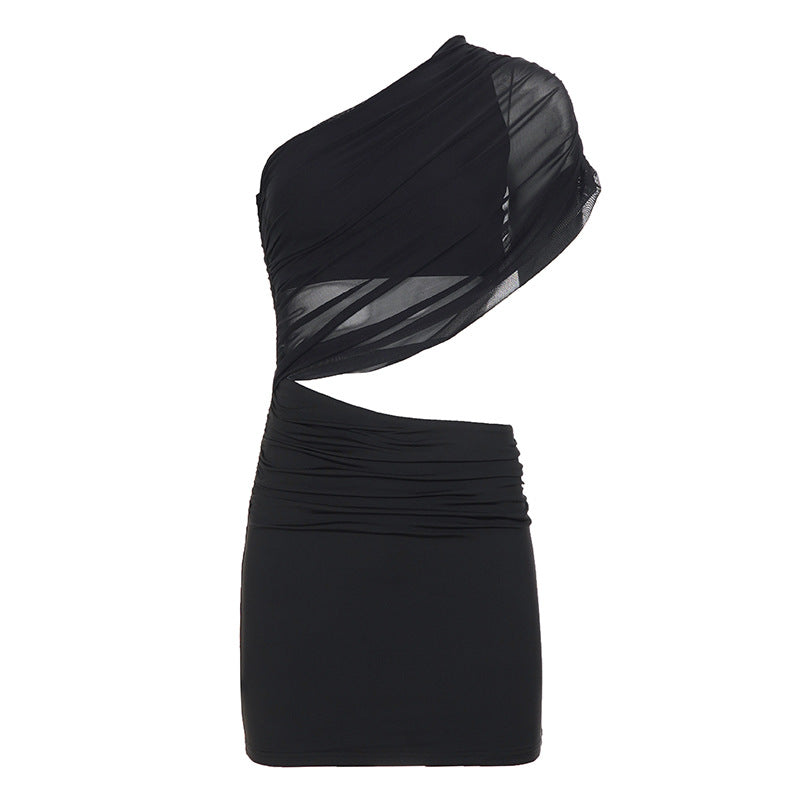 Fashionable Women Clothing Sexy Mesh Shoulder Hollow Out Cutout out Cropped Stitching Hip Short Dress DestGlow