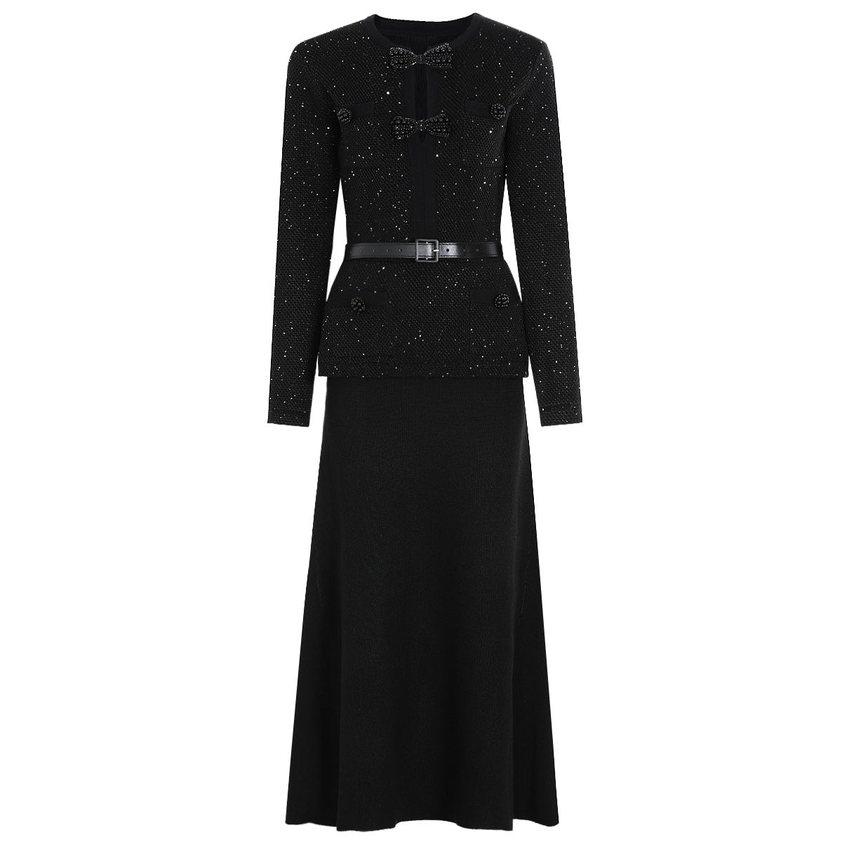 Spring Autumn Knitted round Neck Slim Fit Slimming Heavy Industry Beads Long Sleeve Dress by Ragazza