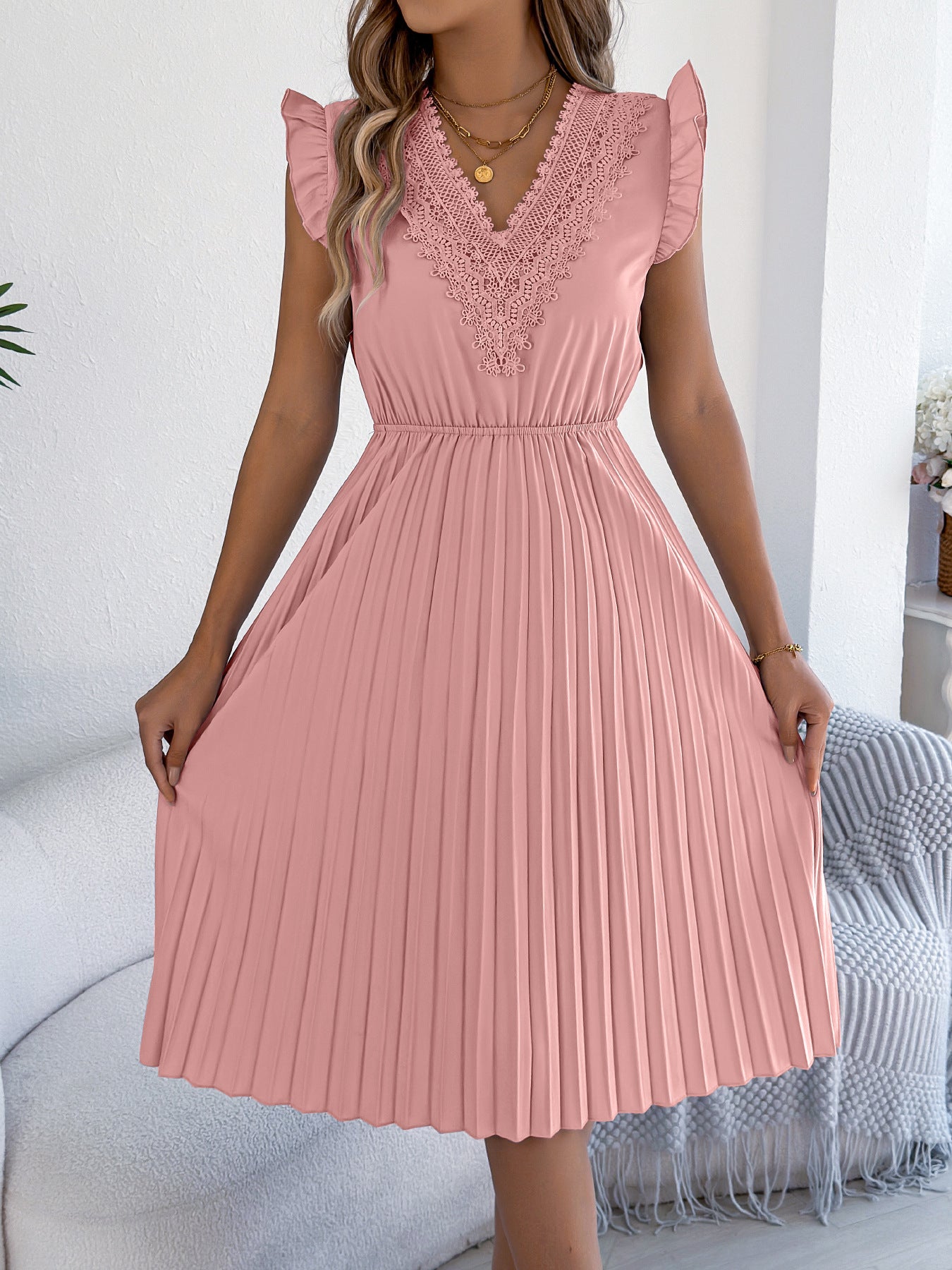 Women Clothing Spring Summer Casual Lace V neck Wooden Ear Cinched Pleated Dress by Ragazza