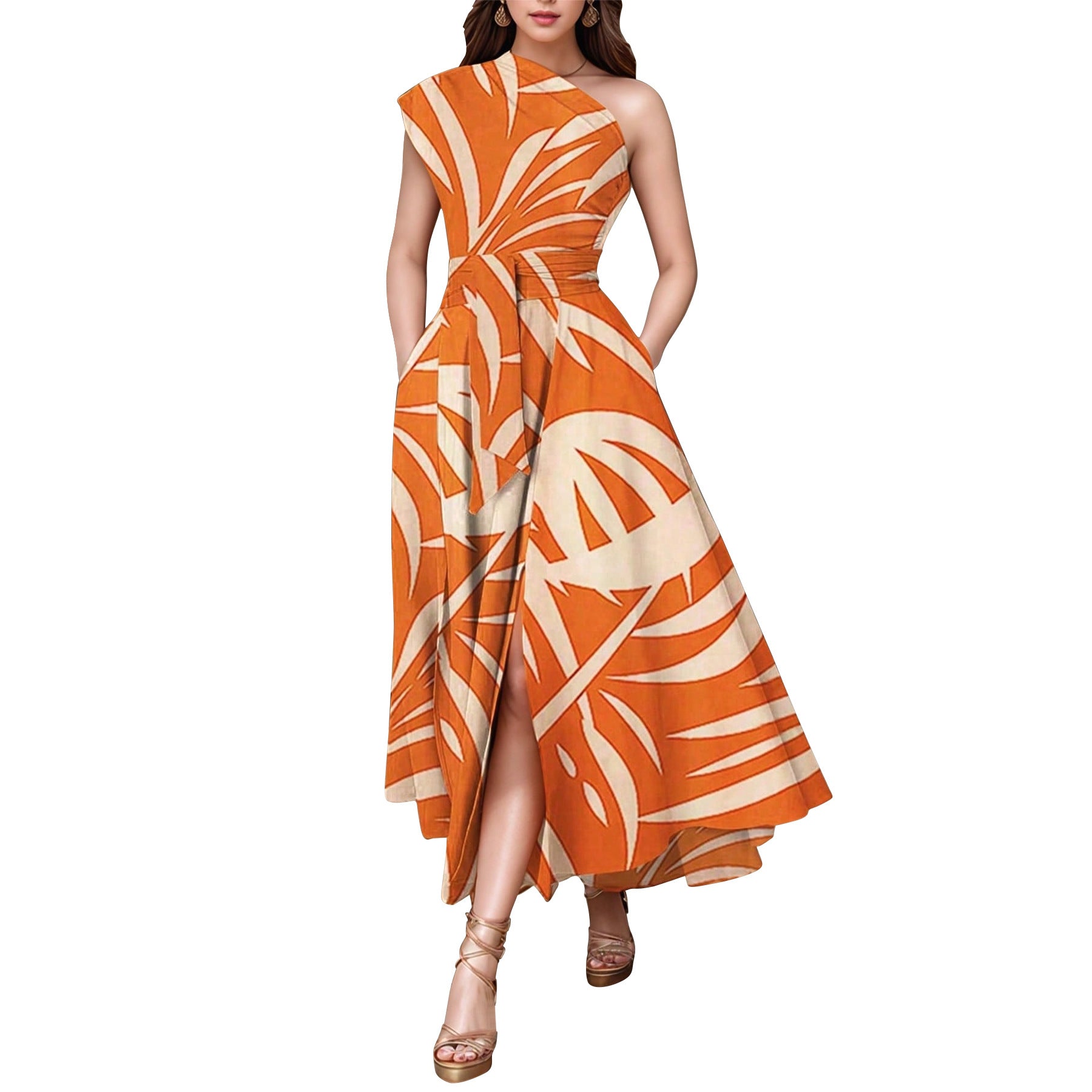 Women Wear Printed Dress One Shoulder Sleeveless Dress by Ragazza