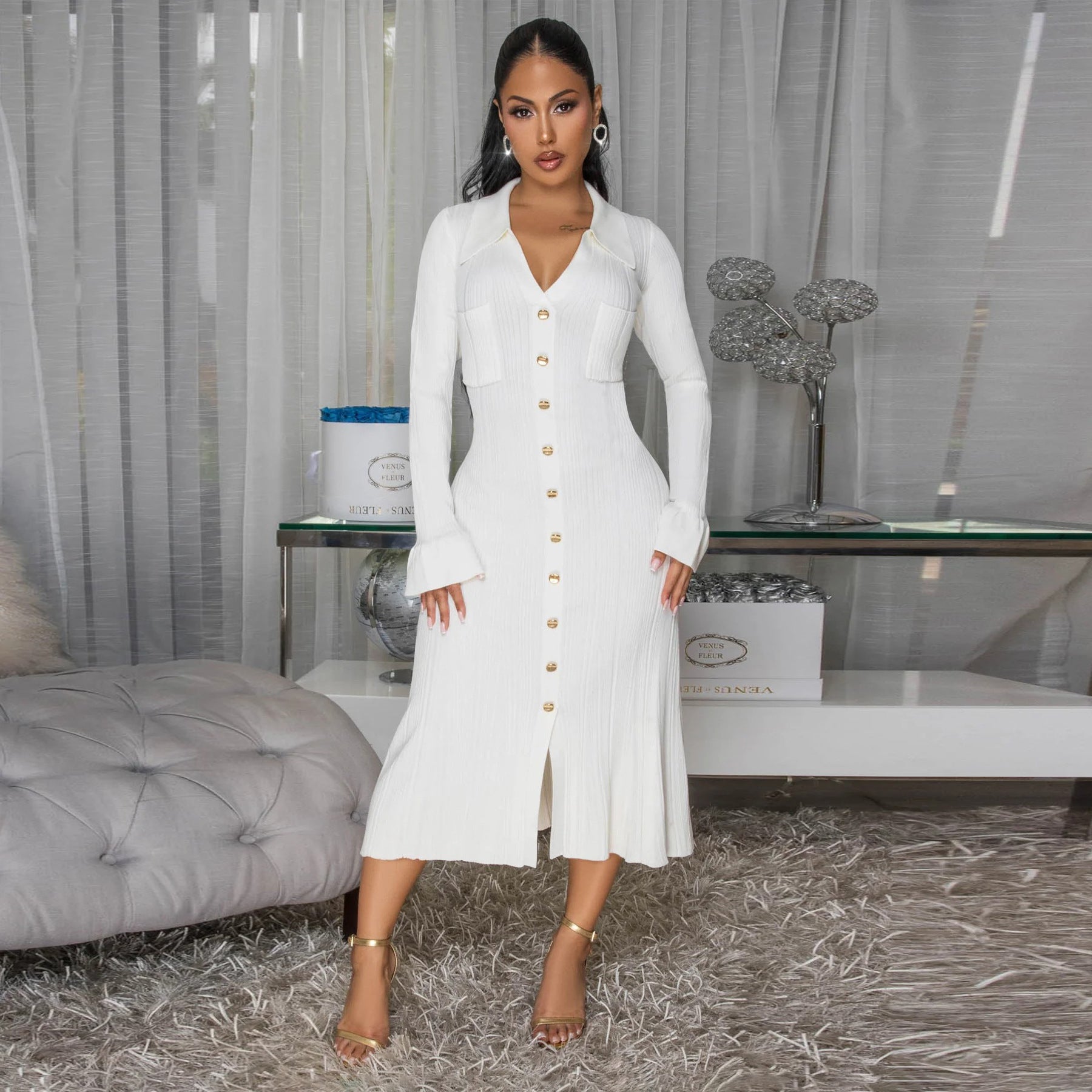 Women Wear V neck Solid Color Dress Single Breasted Long Sleeve Dress by Ragazza
