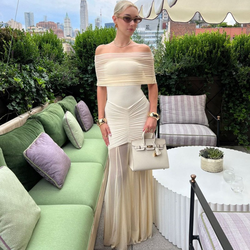 Women Clothing Autumn Tube Top Pleated Mesh Slim Fit Patchwork Dress Two Piece Set by Ragazza