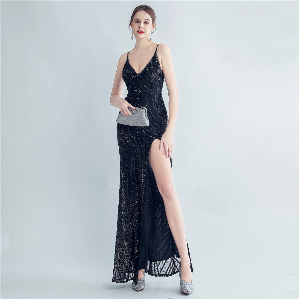 High Density Sequ Binding Waist Shaping Side Slit High End Evening Dress by Ragazza