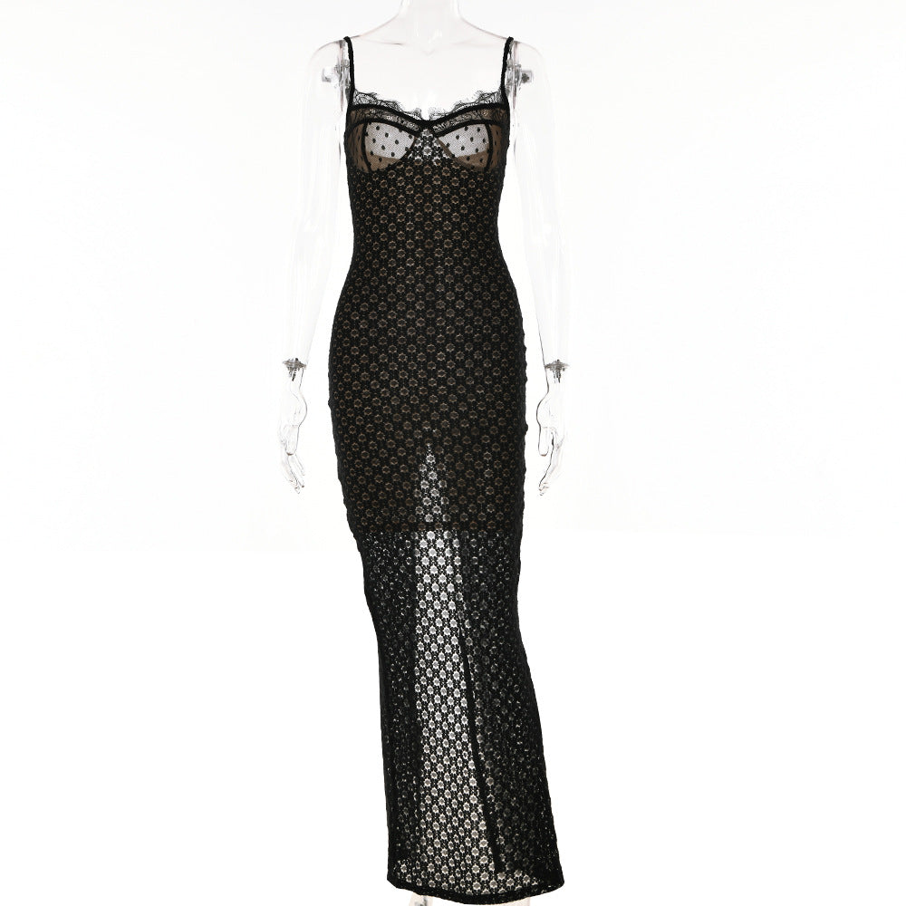 Autumn Sexy Suspender Tight Dress Lace Backless Split Polka Dot Dress DestGlow