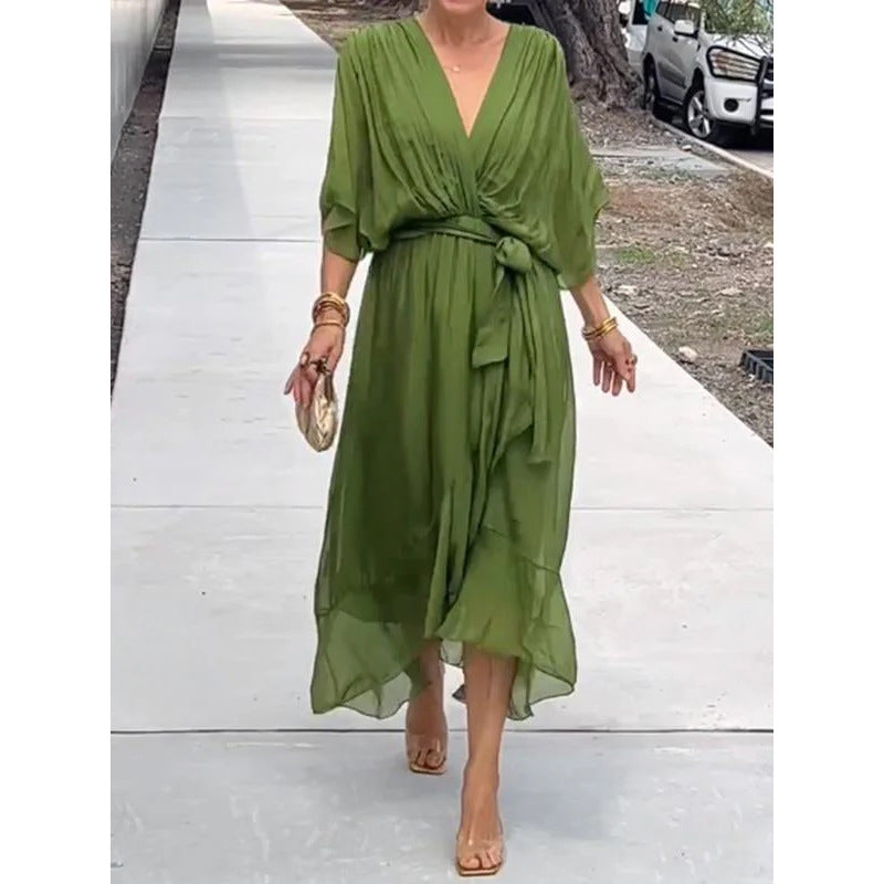 Women Clothing Solid Color Tied Maxi Dress Batwing Sleeve Irregular Asymmetric Dress by Ragazza