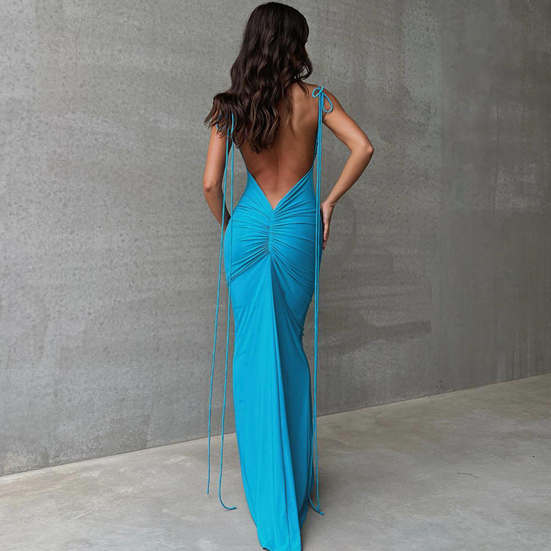 Solid Color Sexy Backless Pleated Long Elegant Slim Strap Dress for Women DestGlow