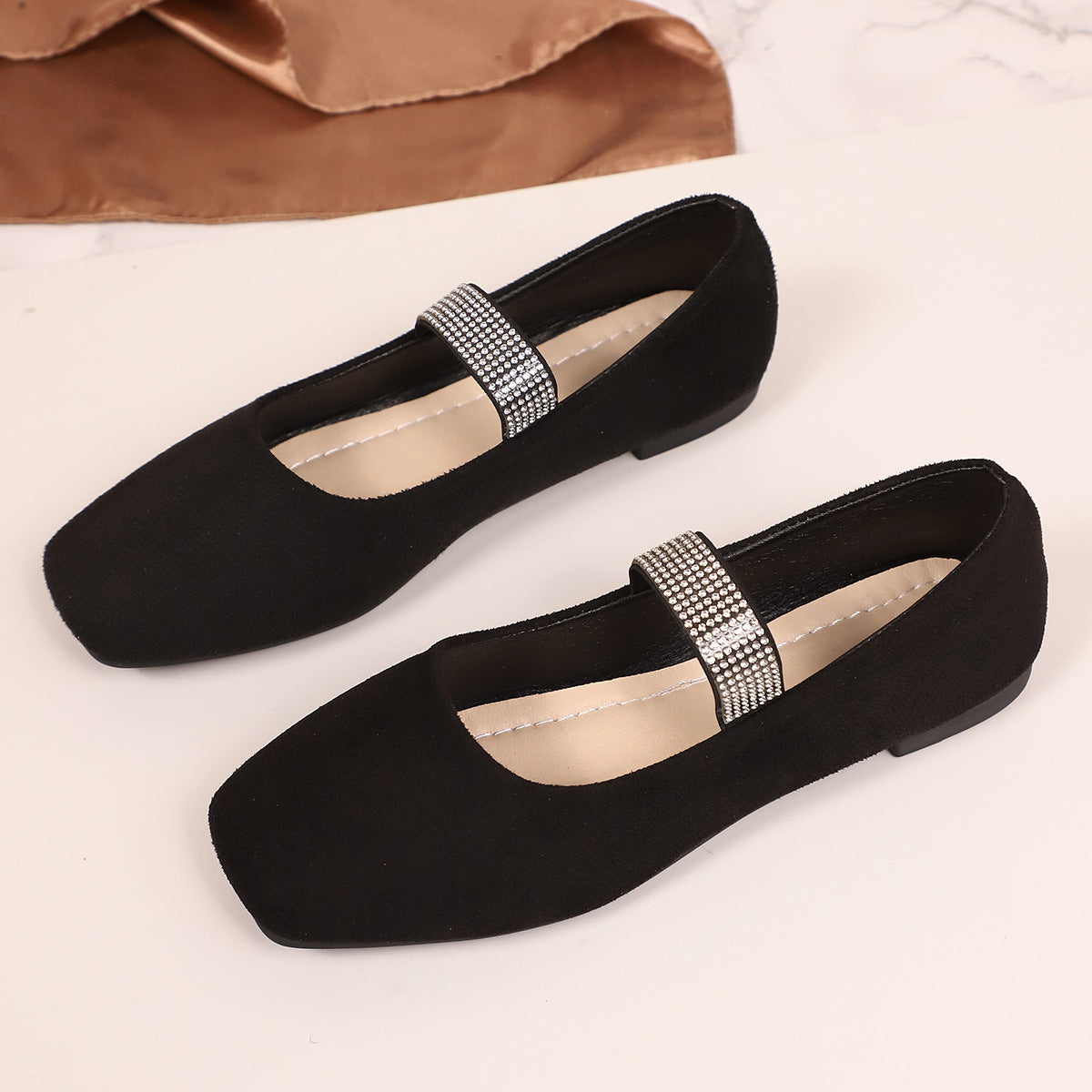 Arrival Suede Rhinestones Flat Pumps Women Comfortable Square Toe Low Cut Lightweight Four Seasons Work Shoes DestGlow