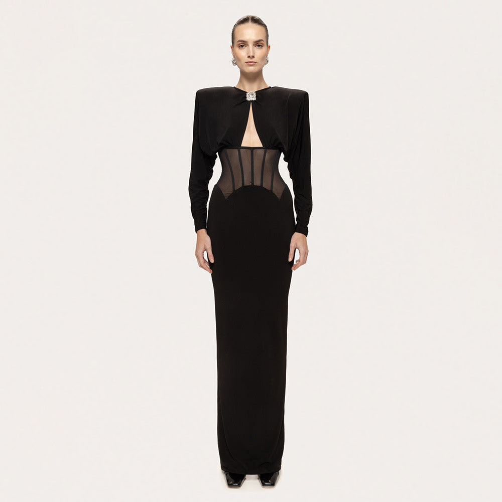Women Clothing Black Shoulder Boning Corset Drill Buckle Dress round Neck Elegant Split Evening Sheath Dress by Ragazza