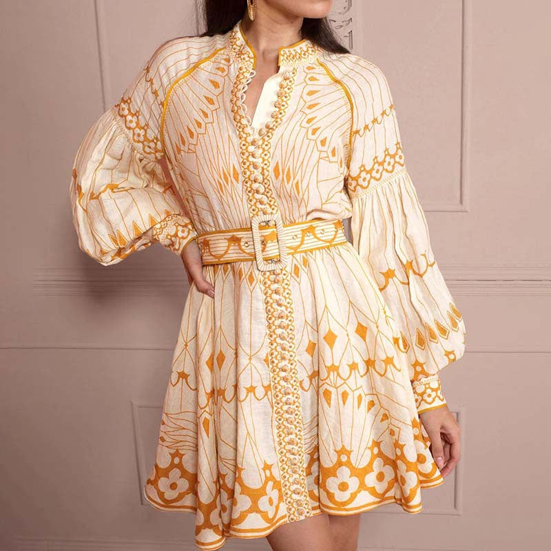 French Elegant Spring Stand Collar Lantern Sleeve Lace up Waist Slimming Stitching Floral Dress for Women by Ragazza