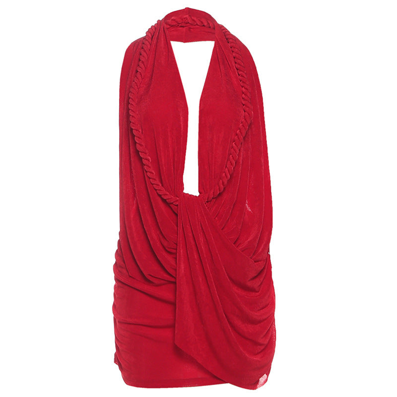 Autumn Winter Women Clothing Sexy Deep V Plunge Halter Backless Hip Solid Color Dress DestGlow