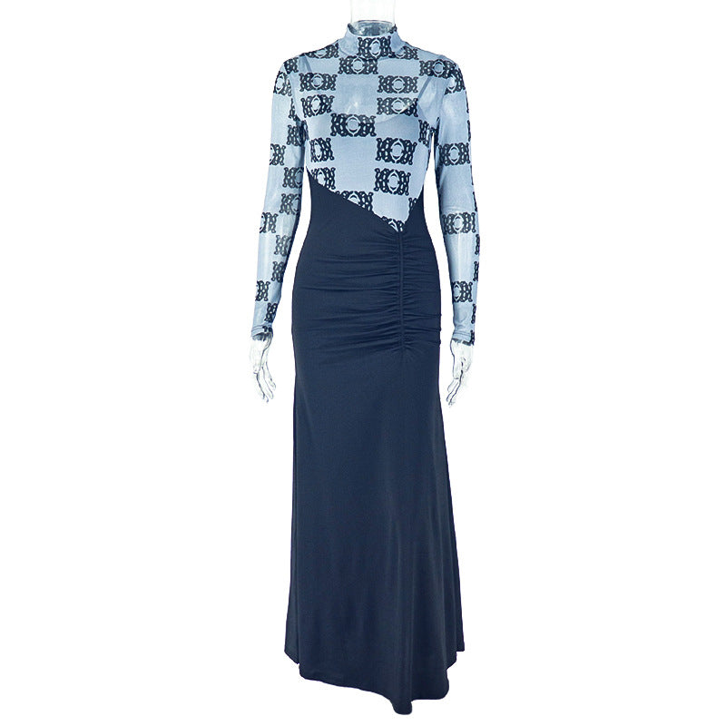 Stitching Women Pleated Slim Hip Micro Transparent Stand Collar Long Sleeve Faux Two Pieces Maxi Dress by Ragazza