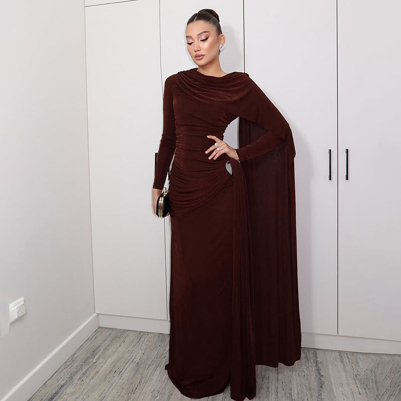 Autumn Winter Slim Fitted Waist Pleated Ribbon Solid Color Maxi Dress by Ragazza