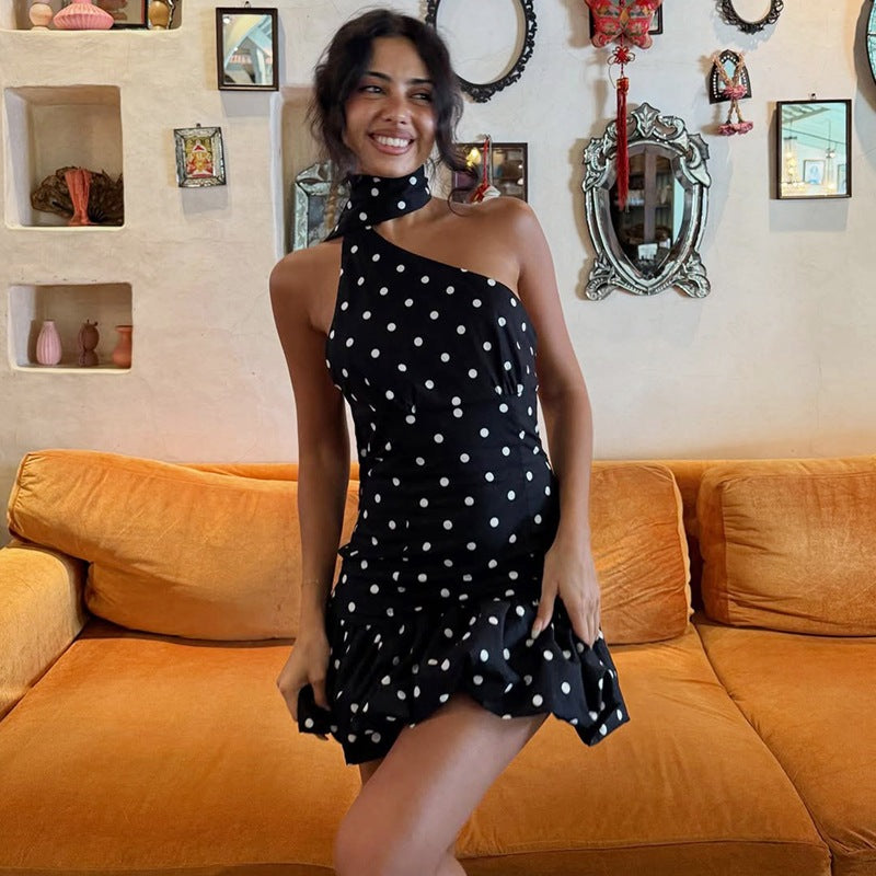 Women Clothing Street Shooting Ribbon Backless Polka Dot Cinched Dress by Ragazza