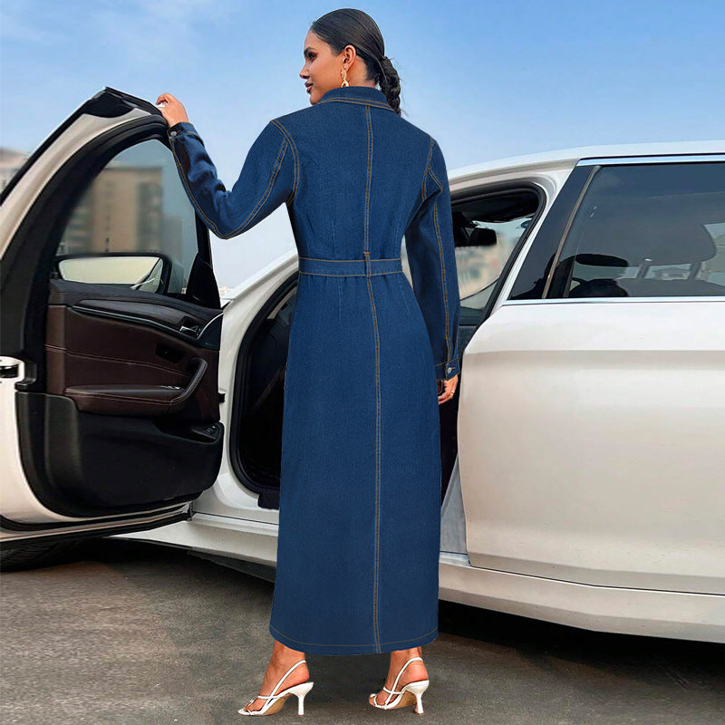 Women Clothing Denim Collared Cardigan Button Long Sleeve Long Coat Dress DestGlow