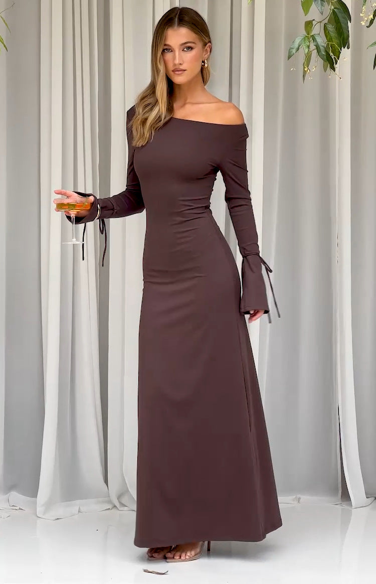 Women Clothing Early Autumn off the Shoulder Micro Pull Long Sleeve Slim Fit Lace up High Waist Backless Elegant Dress DestGlow