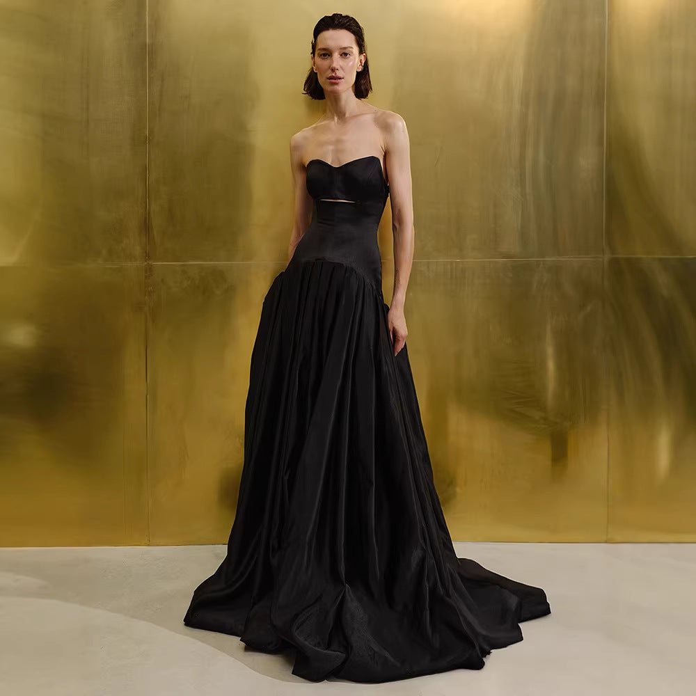 Black Tube Top Evening Dress Women Annual Meeting Dress High End Host Art Exam Maxi Dress A Hemline by Ragazza