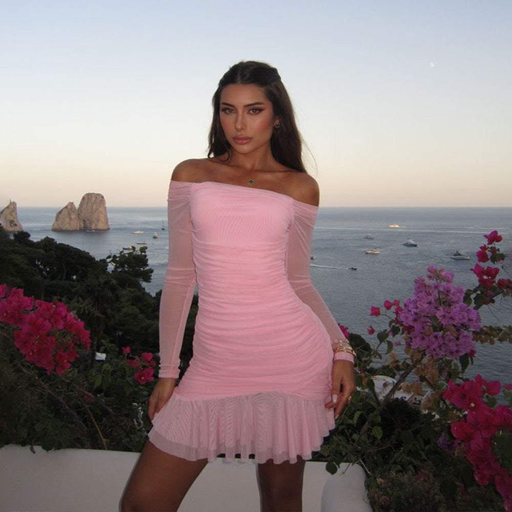 Autumn Sexy Pleated Tube Top Dress Long Sleeve Sexy Slim Fit by Ragazza